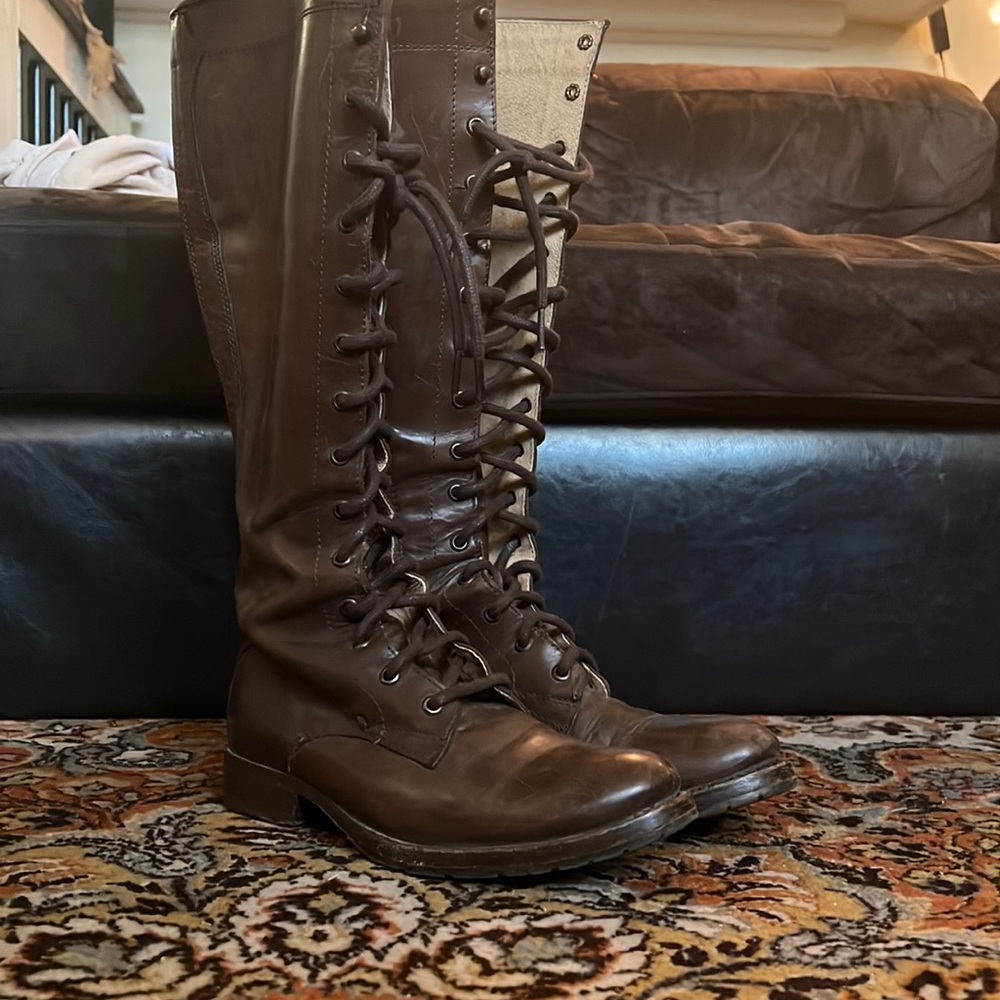 Frye brown leather knee high lace up victorian combat boots
